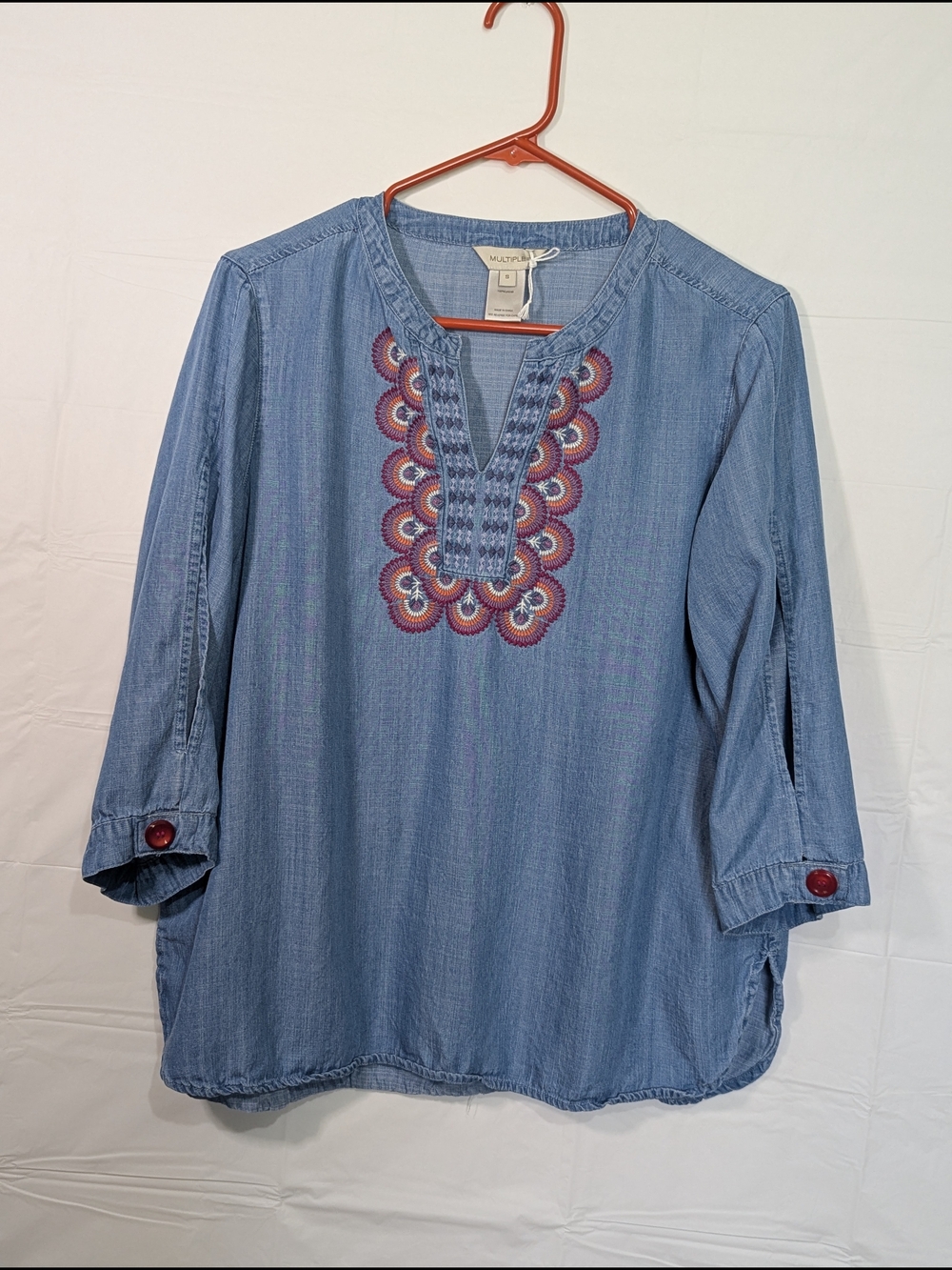 Multiples Embroidered Chambray Blouse Small Lyocell Boho Peasant Top 3/4 Sleeve
